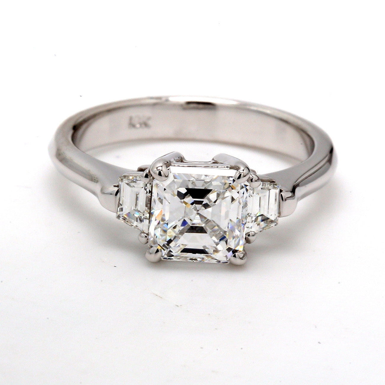 1.94 CTW Asscher 18 K White Gold Three Stone Engagement Ring