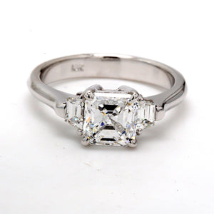 1.94 CTW Asscher 18 K White Gold Three Stone Engagement Ring