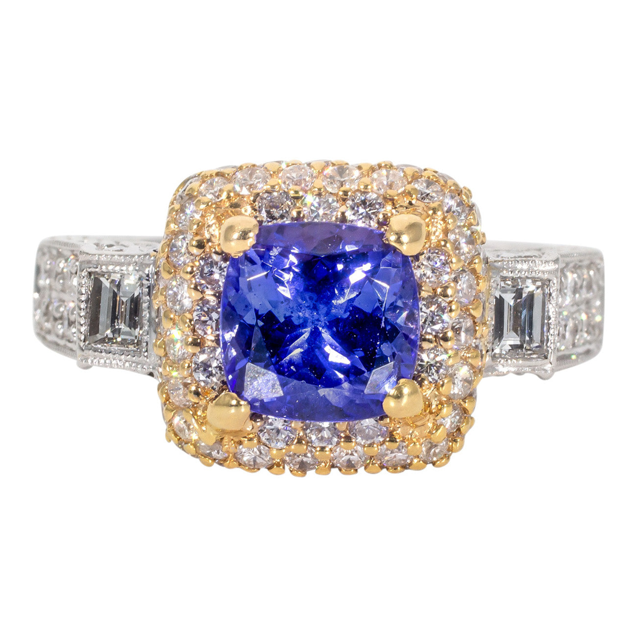 3.54 CTW Cushion Tanzanite 18 K White Gold Halo Engagement Ring