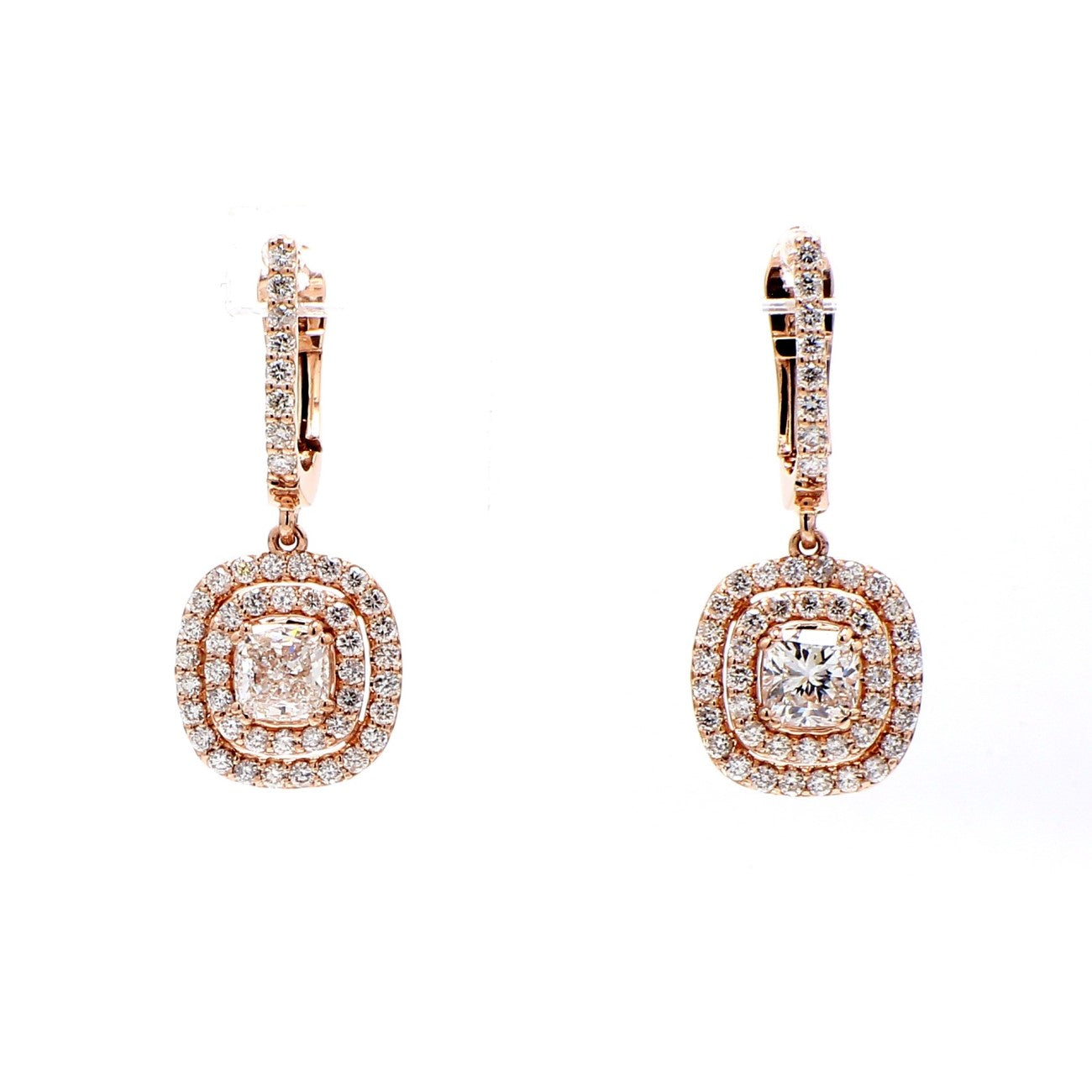 1.79 CTW Cushion 14 K Rose Gold Drop Earrings