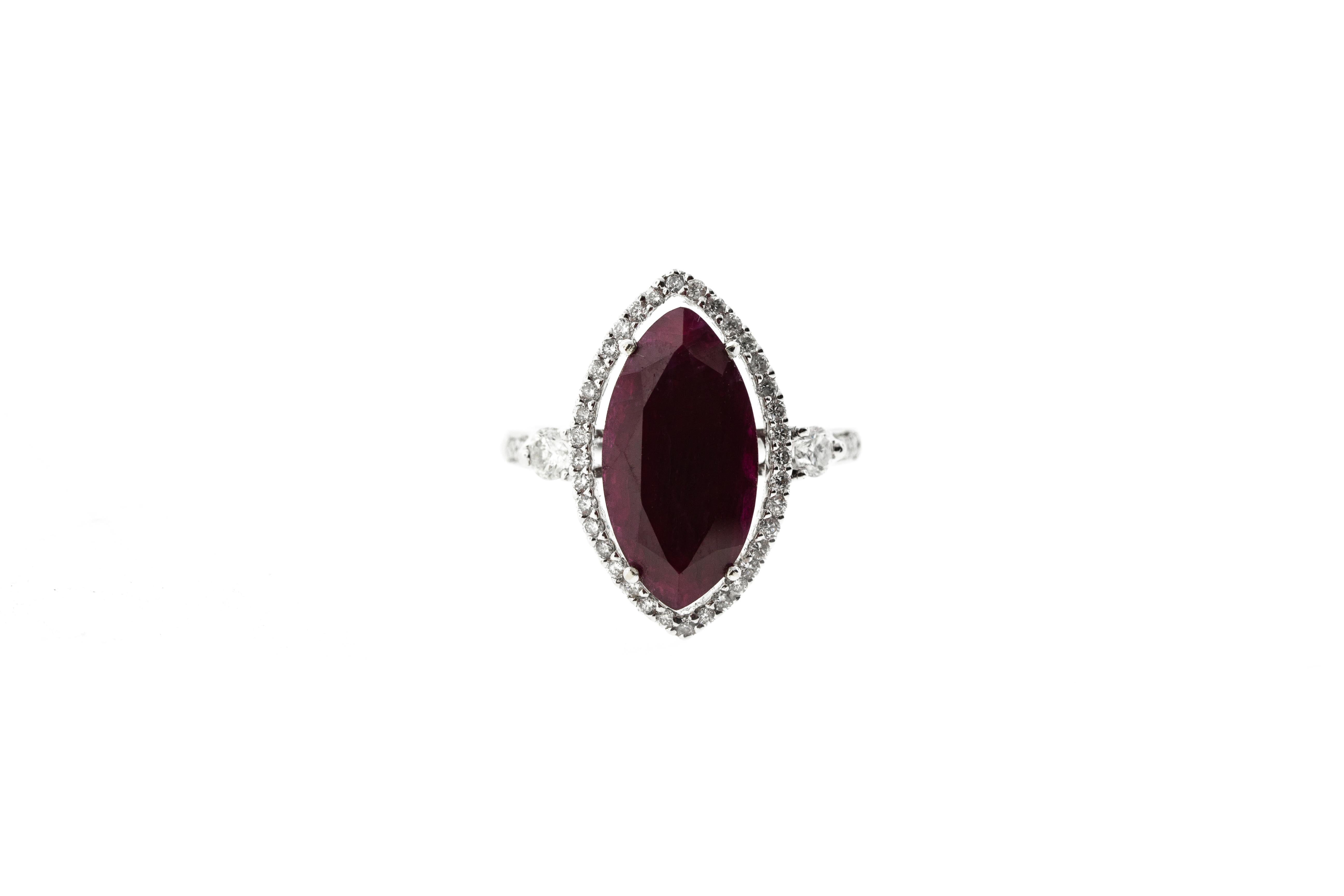 6.66 CTW Marquise Ruby 18 K White Gold Halo Engagement Ring